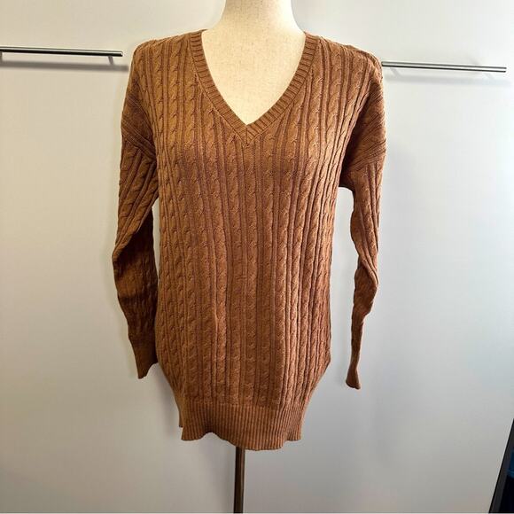 Chloe Kristyn Size Small Tan Tequila V Neck Cable Sweater Cozy Cabin Chic NWT - Picture 4 of 15